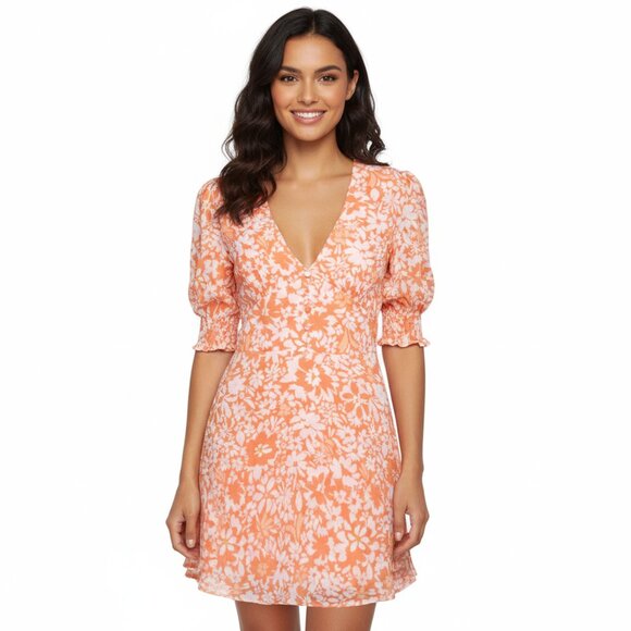 MINKPINK Dresses & Skirts - MINKPINK Marli Floral Mini Dress Orange Pink V-Neck Puff Sleeve Keyhole Back